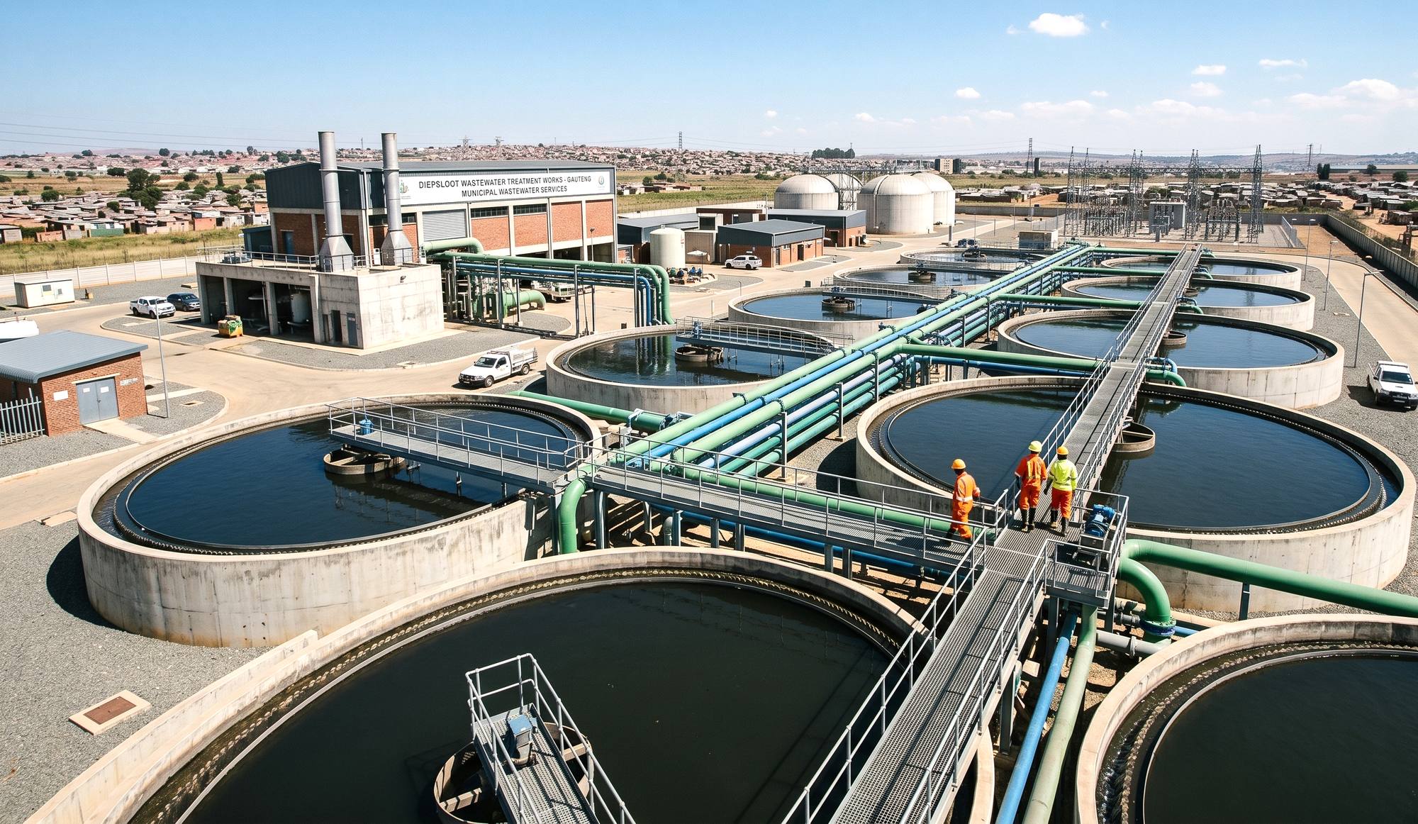 Aerial view of the Diepsloot Wastewater Treatment Works in Gauteng, with crew in high-visibility gear crossing the walkway between clarifier tanks.